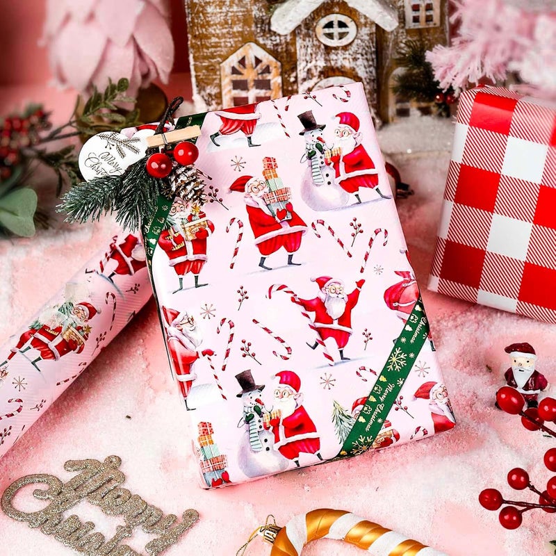 Retrify Santa Claus Christmas Wrapping Paper - Cute Snowman Candy Cane Plaid Pattern Girly Pink Gift Wrap Paper for Holiday Shower Party Celebration - 17 Inch x 32.8 Feet Mini Roll - Image 3